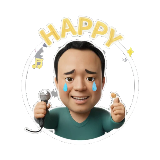 Man singing with a microphone and a small bell with HAPPY text Musical Man Expressions sticker for expressive chats and social replies.