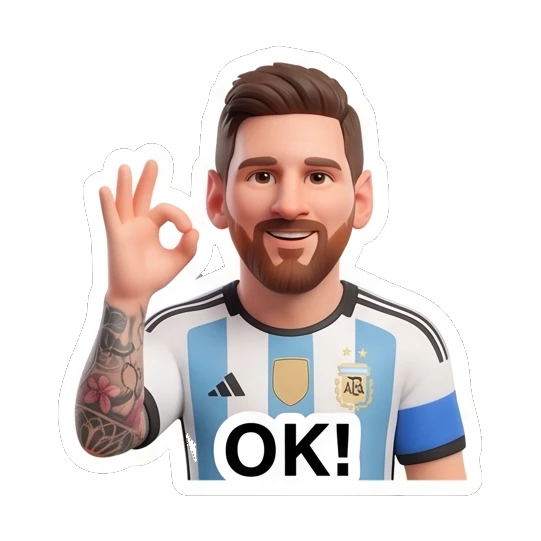 Messi making an OK gesture with a confident smile Messi Moods sticker for expressive chats and social replies.