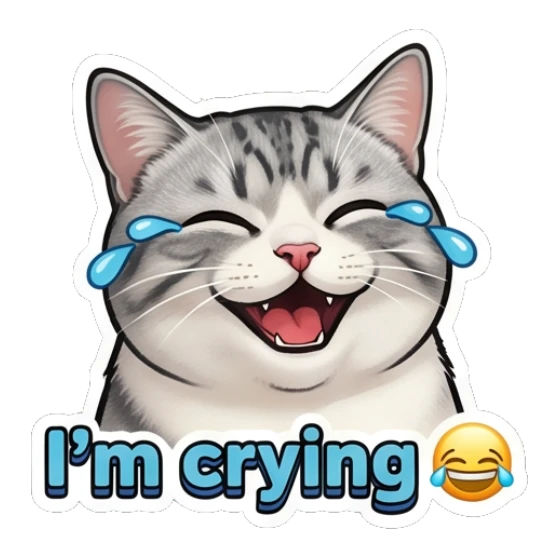 Laughing tabby cat crying tears of joy with text I'm crying Expressive Tabby Cat sticker for expressive chats and social replies.