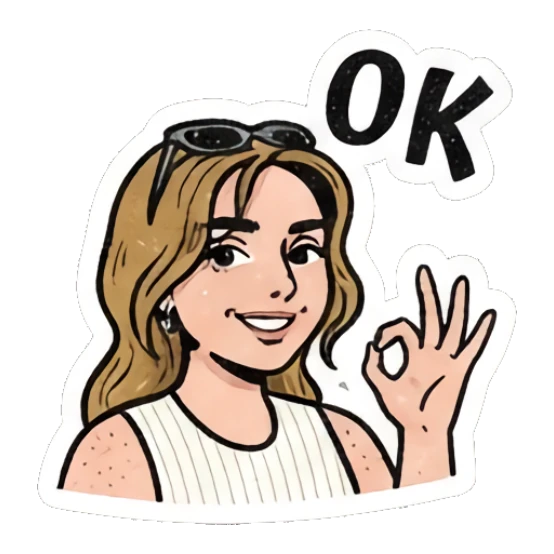 Girl making OK gesture with hand, smiling, text 'OK' Retro Comic Girl Expressions sticker for expressive chats and social replies.