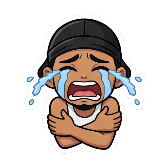 Sad guy crying uncontrollably with arms crossed Cool Guy Daily Vibes sticker for expressive chats and social replies.