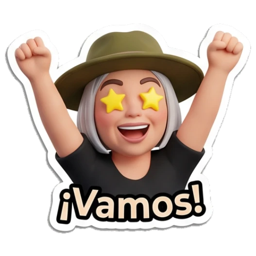 Explorer lady cheering with star eyes with text Vamos Adventurous Explorer Lady sticker for expressive chats and social replies.