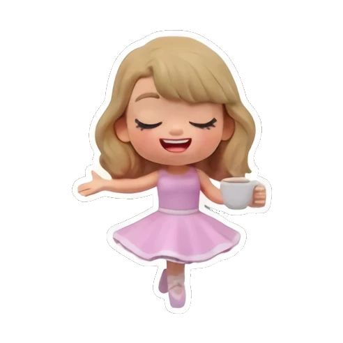 Blonde girl in a pink dress holding a cup, text 'CHILL' Chibi Pop Star Life sticker for expressive chats and social replies.
