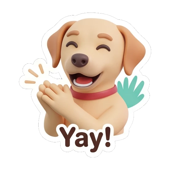 Labrador clapping hands happily, text Yay! Cheerful Labrador Daily sticker for expressive chats and social replies.