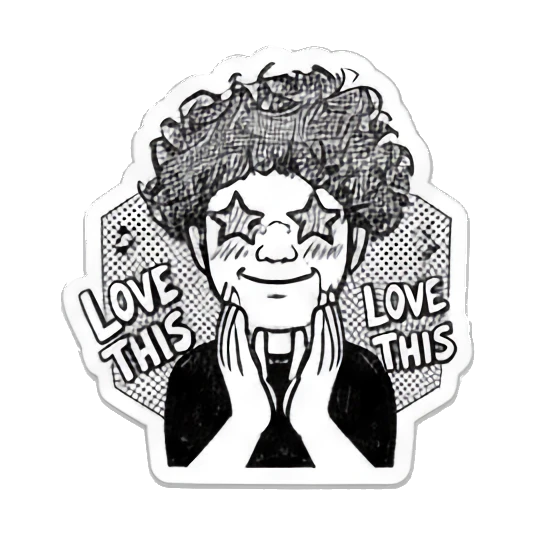 Curly-haired boy with star eyes looking happy with text LOVE THIS. Curly Hair Doodle Vibes sticker for expressive chats and social replies.