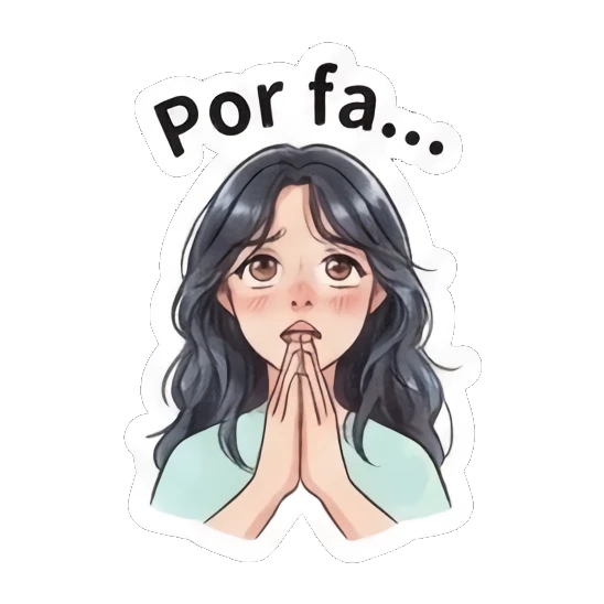 Girl pleading with hands together, text 'Por fa' Modern Spanish Girl Expressions sticker for expressive chats and social replies.