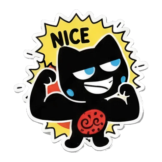 Black cat flexing muscles with NICE text, strong pose. Keith Haring Style Black Cat sticker for expressive chats and social replies.