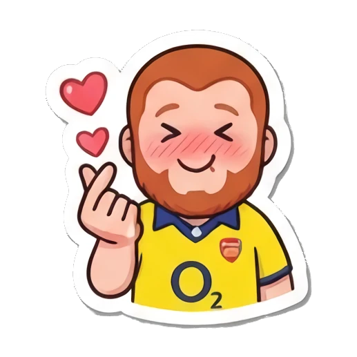 Red-bearded man making a finger heart gesture with blushing cheeks. Red-Bearded Football Fan sticker for expressive chats and social replies.