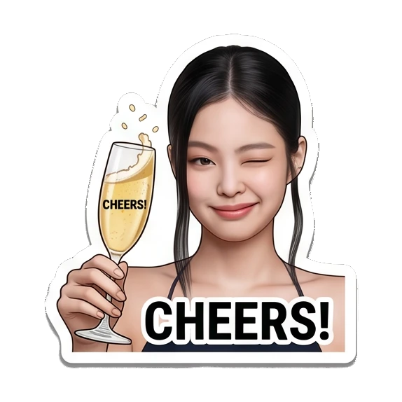 Young woman holding champagne glass, winking, text CHEERS Jennie Birthday Party Vibes sticker for expressive chats and social replies.
