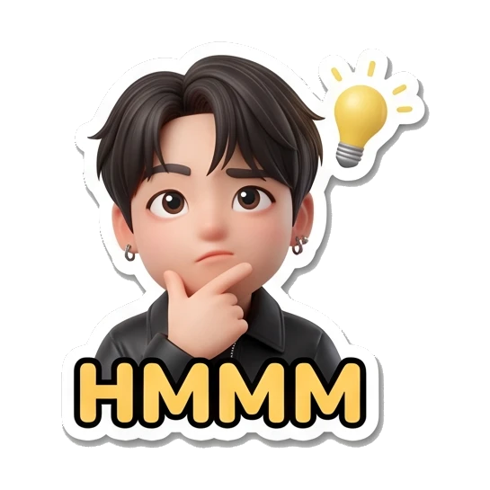 Charming boy thinking with a lightbulb icon and 'HMMM' text Charming Boy Daily Expressions sticker for expressive chats and social replies.