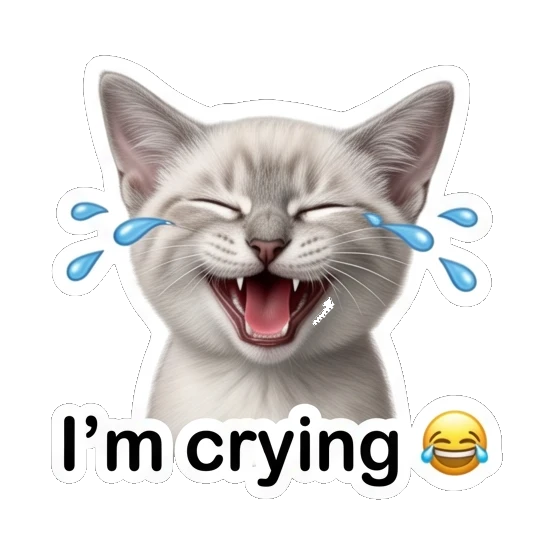 Crying white cat with blue tears and text I am crying Little White Cat Daily sticker for expressive chats and social replies.