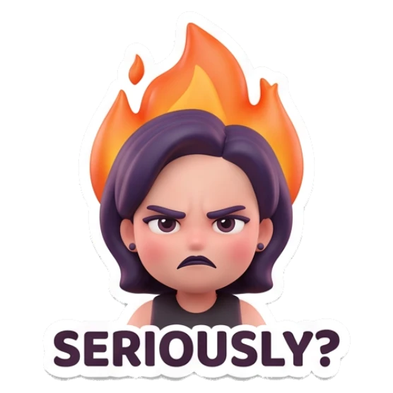 Angry girl with fire above her head with text SERIOUSLY? Modern Chic Girl Expressions sticker for expressive chats and social replies.