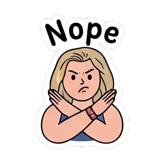Firm girl crossing arms in X shape, saying Nope Festival Boho Girl sticker for expressive chats and social replies.