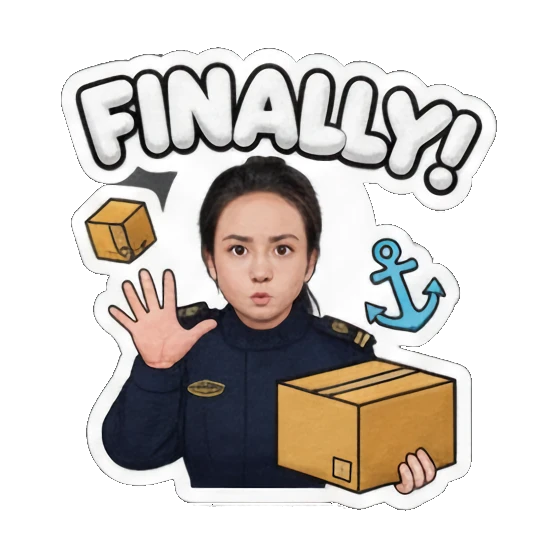 Officer relieved, hands raised in triumph, saying "FINALLY!". Delivery Dispatcher's Diary sticker for expressive chats and social replies.