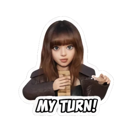 Gamer girl holding a game piece with 'MY TURN!' text, ready. Gamer Girl Adventures sticker for expressive chats and social replies.
