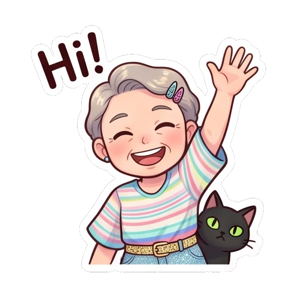 Grandma waving hello with a friendly smile and a black cat nearby. Cheerful Grandma Adventures sticker for expressive chats and social replies.