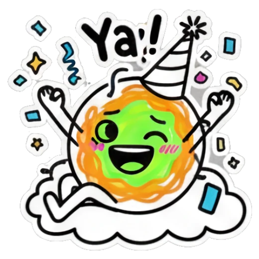 Spaghetti character celebrating with party hat and 'Ya!' text. Spaghetti Doodle Pals sticker for expressive chats and social replies.
