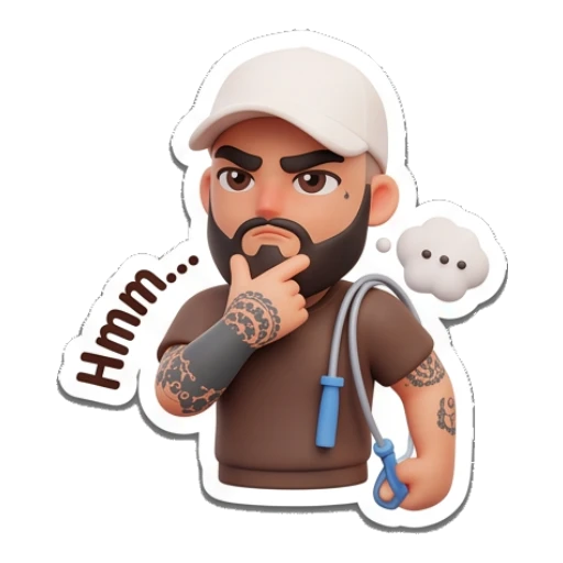 Man thinking with a jump rope, text 'Hmm...' Gym Bro Daily Life sticker for expressive chats and social replies.