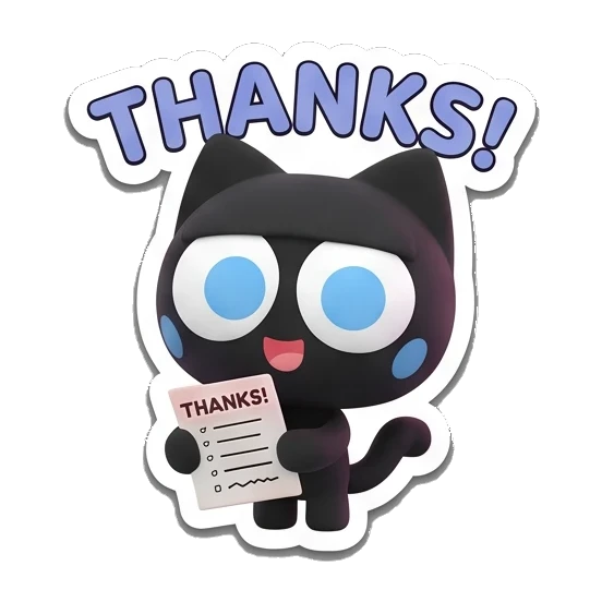 黑猫展示感谢清单 Melodic Black Cat sticker for expressive chats and social replies.