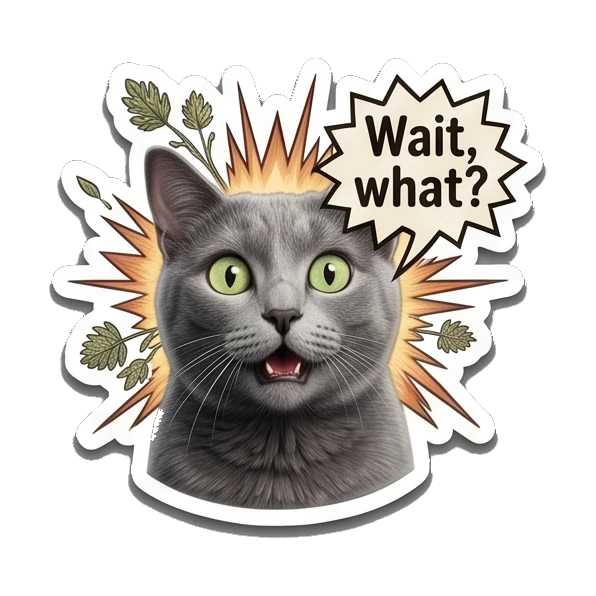 Surprised gray cat with spiky background, text Wait, what? Gray Cat Daily Vibes sticker for expressive chats and social replies.
