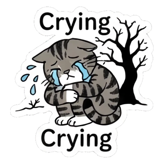 Sad tabby cat crying near a dead tree, text Crying Spooky Tabby Cat Adventures sticker for expressive chats and social replies.