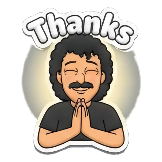 Man with hands in prayer pose and text Thanks Curly Hair Guy Adventures sticker for expressive chats and social replies.