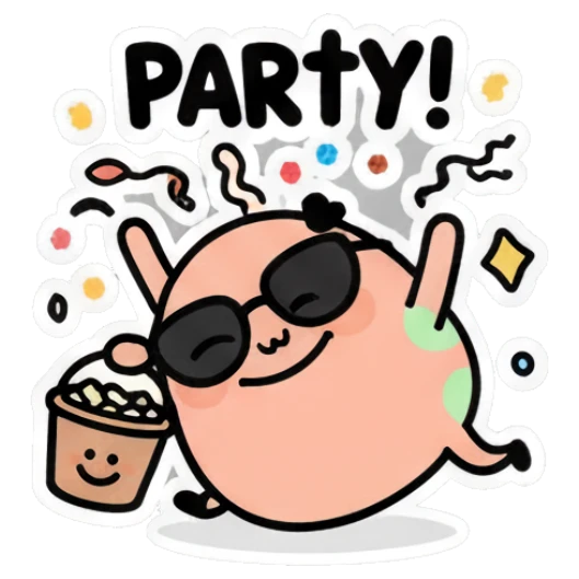 Celebrating egg with confetti and 'PARTY!' text Cool Egg Expressions sticker for expressive chats and social replies.