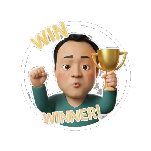Man cheering with a gold trophy with WINNER text Musical Man Expressions sticker for expressive chats and social replies.
