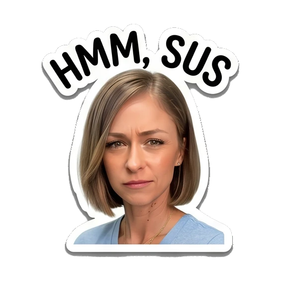 Woman looking suspicious with narrowed eyes, text HMM, SUS Everyday Expressions of Sarah sticker for expressive chats and social replies.