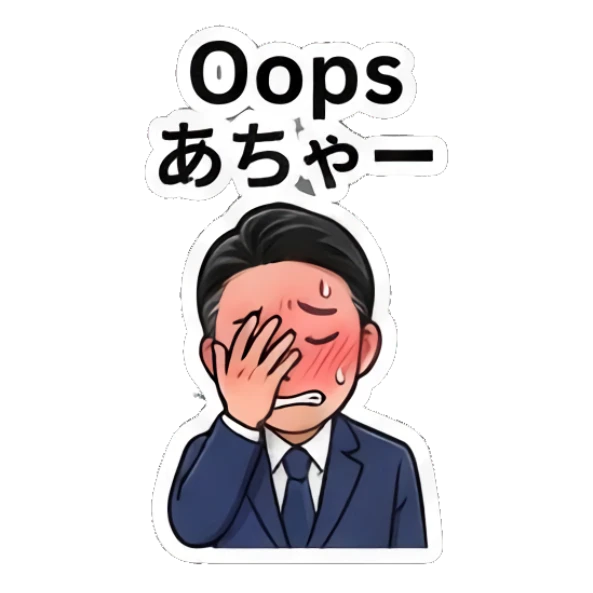 Businessman covering face with hand in embarrassment, text Oops Professional Office Guy sticker for expressive chats and social replies.
