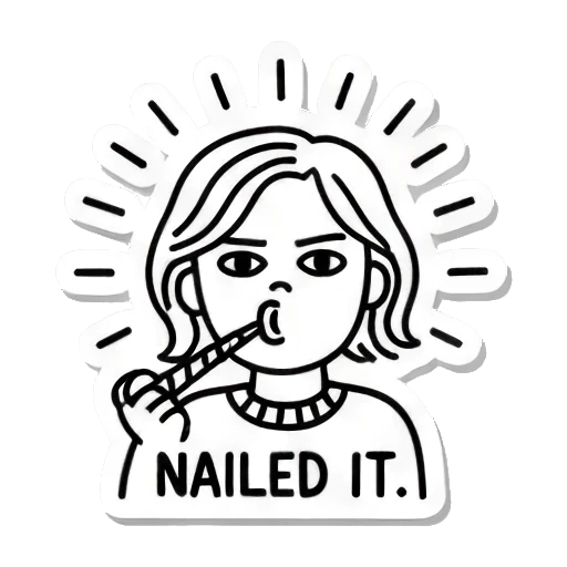 吹哨庆祝女孩，文字NAILED IT Line Art Emotion Stickers sticker for expressive chats and social replies.