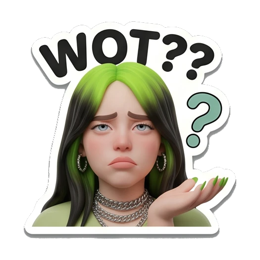 Billie character looking confused with WOT?? text, questioning Billie Eilish 3D Expressions sticker for expressive chats and social replies.