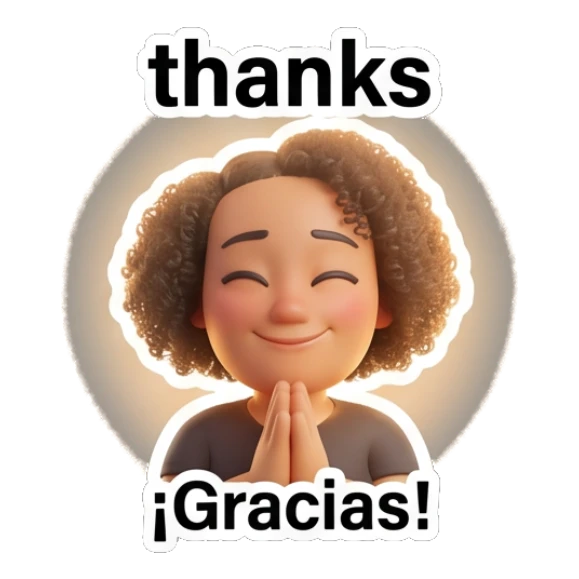 Curly hair girl with hands together in gratitude and text thanks Curly Hair Girl Daily Vibes sticker for expressive chats and social replies.
