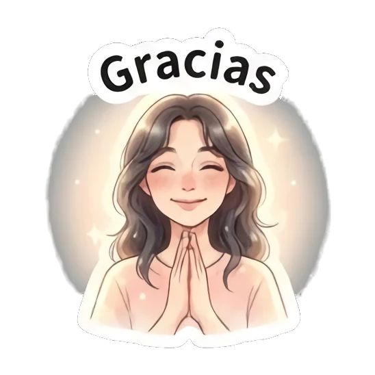 Girl praying with a grateful smile, text 'Gracias' Modern Spanish Girl Expressions sticker for expressive chats and social replies.