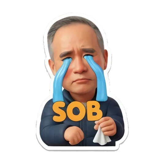 Sad man crying with blue tear streams saying 'SOB' Cheerful Middle-Aged Gentleman sticker for expressive chats and social replies.