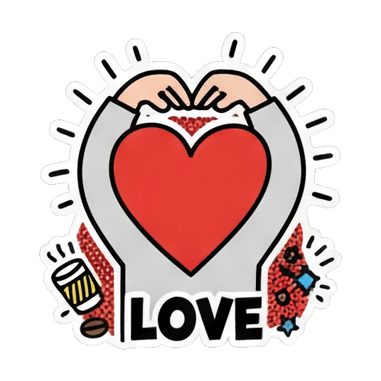 Man making heart shape with hands, text LOVE Cheerful Office Guy sticker for expressive chats and social replies.