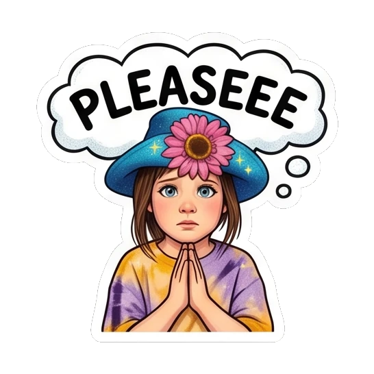 Girl with hands in prayer pose looking pleading with text PLEASEEE Sunflower Girl Daily Vibes sticker for expressive chats and social replies.