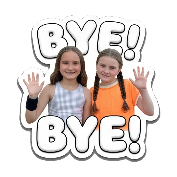 Two girls waving goodbye with text BYE Cheerful Girl Daily Life sticker for expressive chats and social replies.