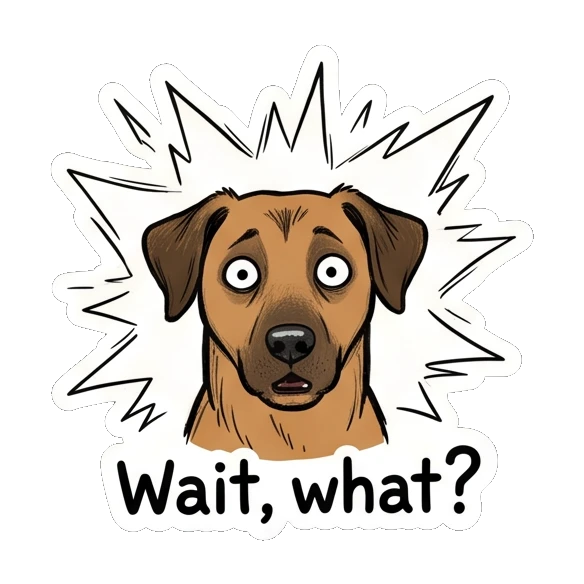 Brown dog looking shocked with wide eyes and a burst effect. Brown Dog Daily Moods sticker for expressive chats and social replies.
