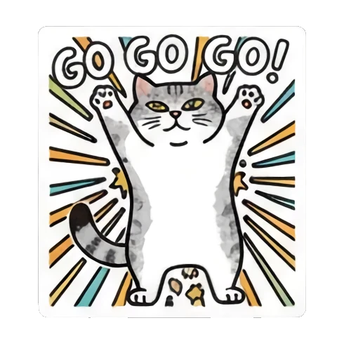 cat waving hands saying go go go Pop Art Cat Vibes sticker for expressive chats and social replies.