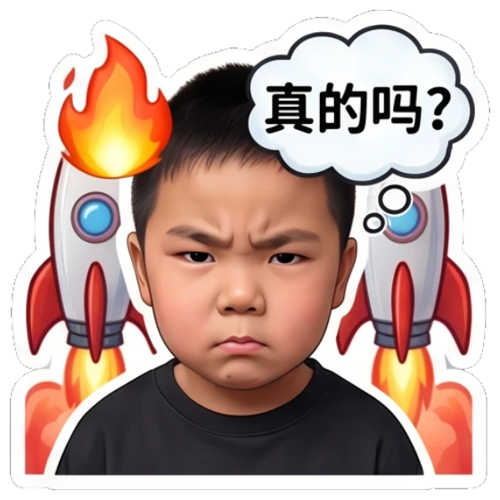 Boy looking angry with fire and rockets, labeled '真的吗?'. Little Astronaut Daily sticker for expressive chats and social replies.
