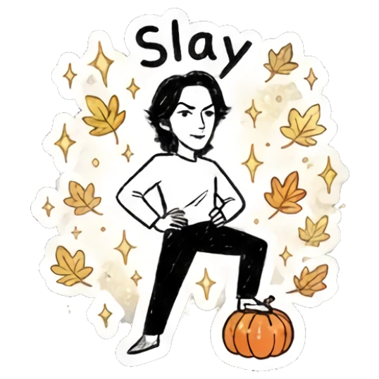 Confident boy posing with a pumpkin, text Slay Autumn Indie Doodle Guy sticker for expressive chats and social replies.
