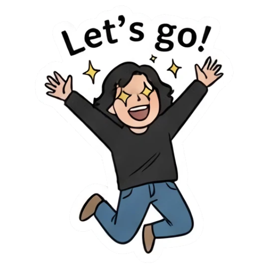 Long-haired man jumping with excitement saying let's go. Long-Haired Guy Daily Vibes sticker for expressive chats and social replies.
