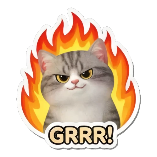 背景带火的愤怒猫 Whimsical Tabby Adventures sticker for expressive chats and social replies.