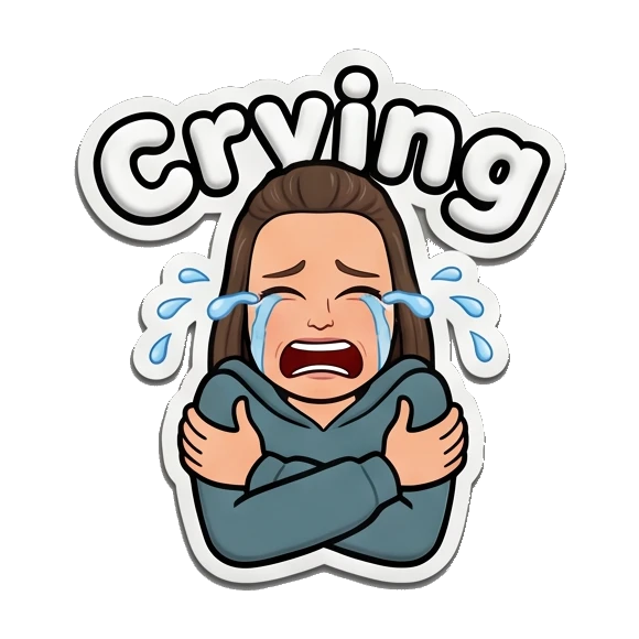 Young woman crying with blue tears and CRYING text. Playful Girl Daily Expressions sticker for expressive chats and social replies.