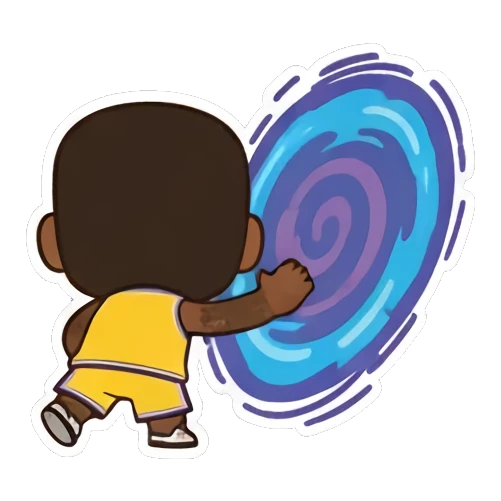 Chibi athlete walking into a swirling blue portal King of the Court sticker for expressive chats and social replies.