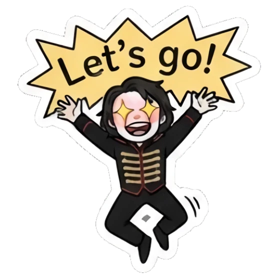 Rocker boy jumping with excitement and starry eyes, 'Let's go!' text. Emo Rocker Daily Vibes sticker for expressive chats and social replies.