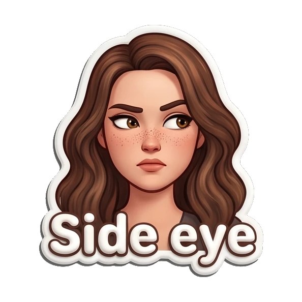 Skeptical girl giving a side eye look. Playful Brunette Expressions sticker for expressive chats and social replies.