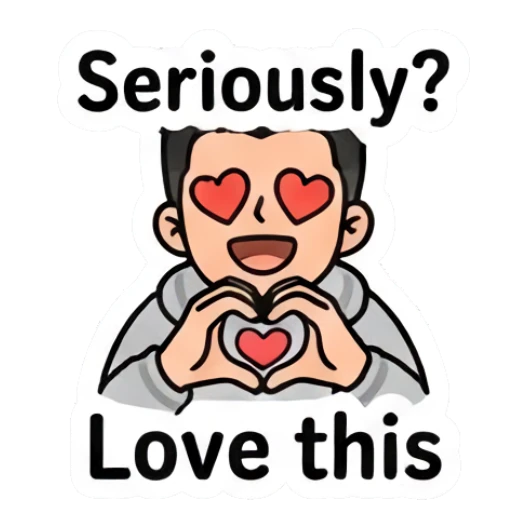 Boy with heart eyes making a heart shape with hands, Love this. Casual Boy Daily Vibes sticker for expressive chats and social replies.
