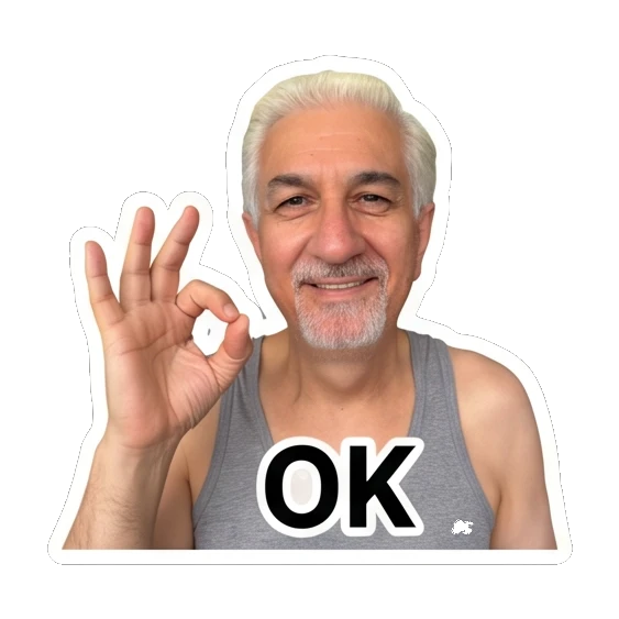 Mature man making an OK hand gesture with 'OK' text. Silver Fox Daily Vibes sticker for expressive chats and social replies.